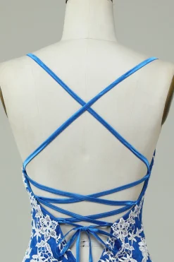 Esparguete Alças Vestido Azul Bainha Homecoming Com Apliques