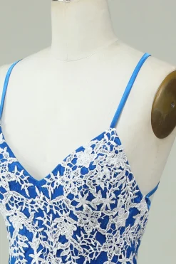 Esparguete Alças Vestido Azul Bainha Homecoming Com Apliques