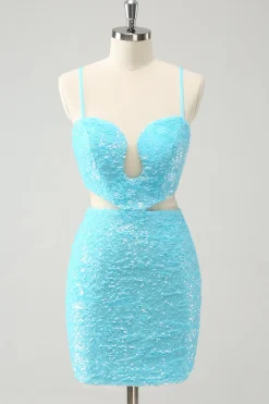 Esparguete Azul Brilhante Correias de Lantejoulas Tight Homecoming Dress com Saída Oca