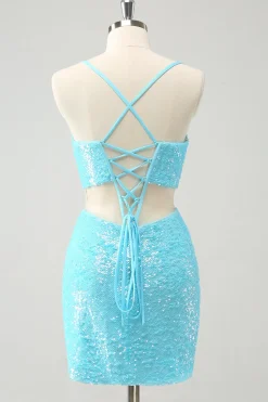 Esparguete Azul Brilhante Correias de Lantejoulas Tight Homecoming Dress com Saída Oca