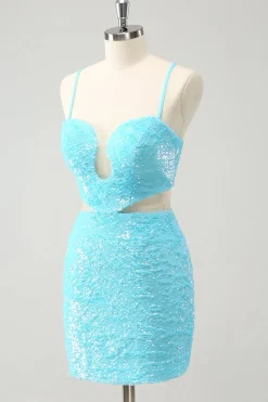 Esparguete Azul Brilhante Correias de Lantejoulas Tight Homecoming Dress com Saída Oca