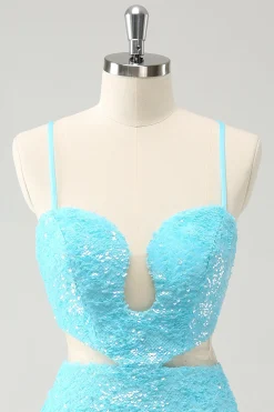 Esparguete Azul Brilhante Correias de Lantejoulas Tight Homecoming Dress com Saída Oca