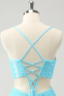 Esparguete Azul Brilhante Correias de Lantejoulas Tight Homecoming Dress com Saída Oca
