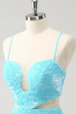 Esparguete Azul Brilhante Correias de Lantejoulas Tight Homecoming Dress com Saída Oca