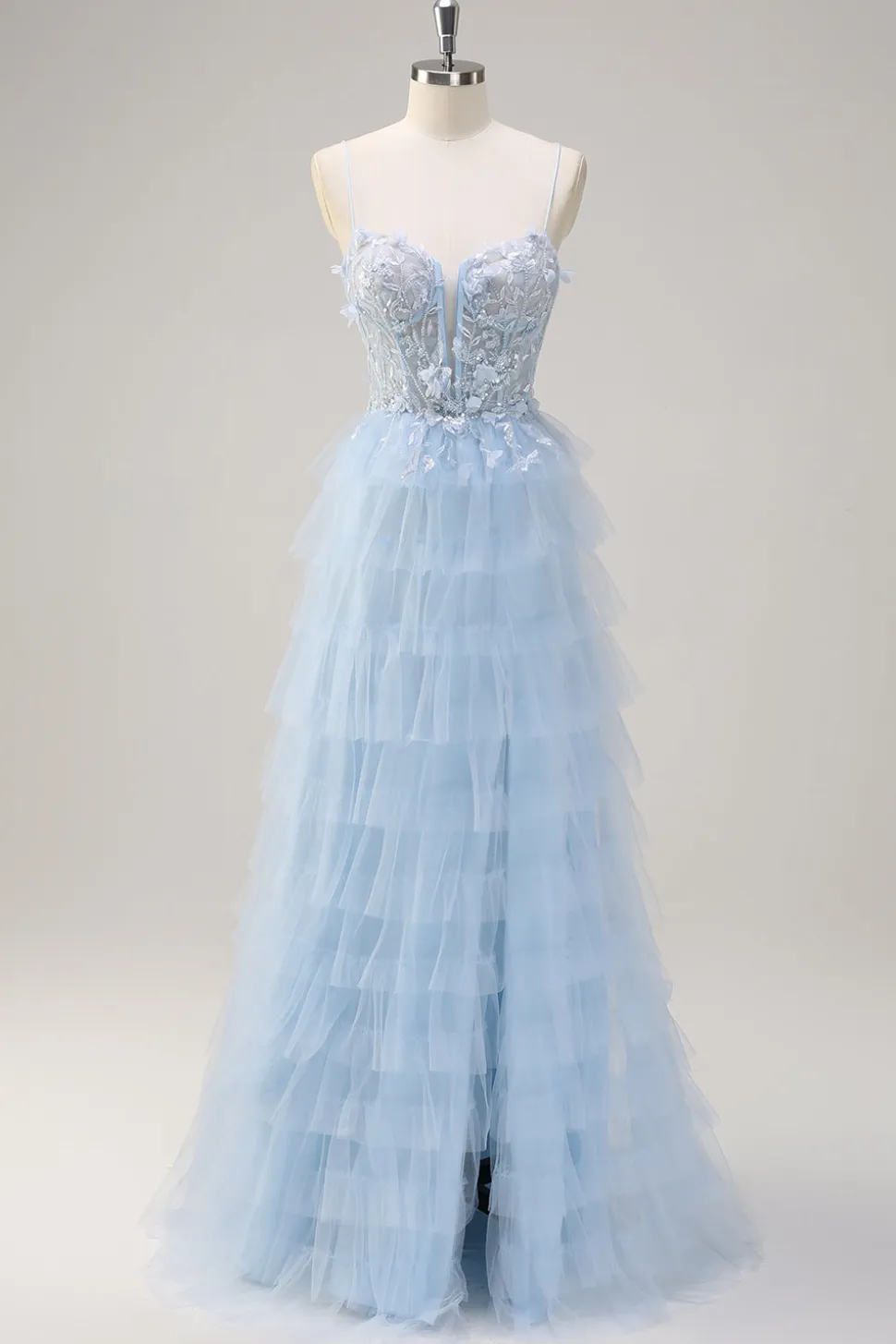 Esparguete Azul Claro Correias A-Line Tulle Tiered Long Corset Prom Dress com Fenda