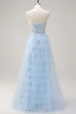 Esparguete Azul Claro Correias A-Line Tulle Tiered Long Corset Prom Dress com Fenda