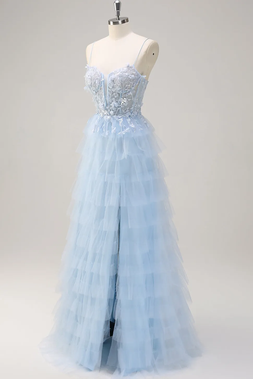 Esparguete Azul Claro Correias A-Line Tulle Tiered Long Corset Prom Dress com Fenda