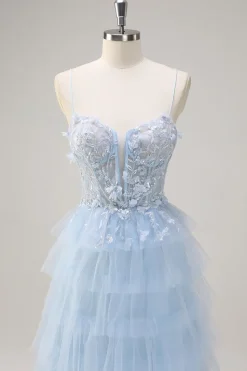 Esparguete Azul Claro Correias A-Line Tulle Tiered Long Corset Prom Dress com Fenda