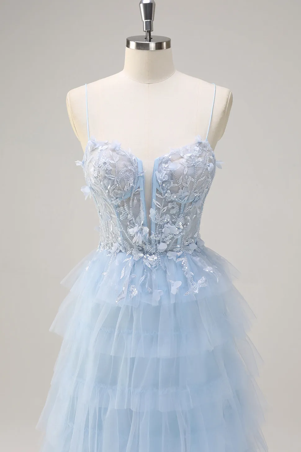 Esparguete Azul Claro Correias A-Line Tulle Tiered Long Corset Prom Dress com Fenda