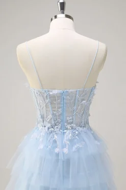 Esparguete Azul Claro Correias A-Line Tulle Tiered Long Corset Prom Dress com Fenda