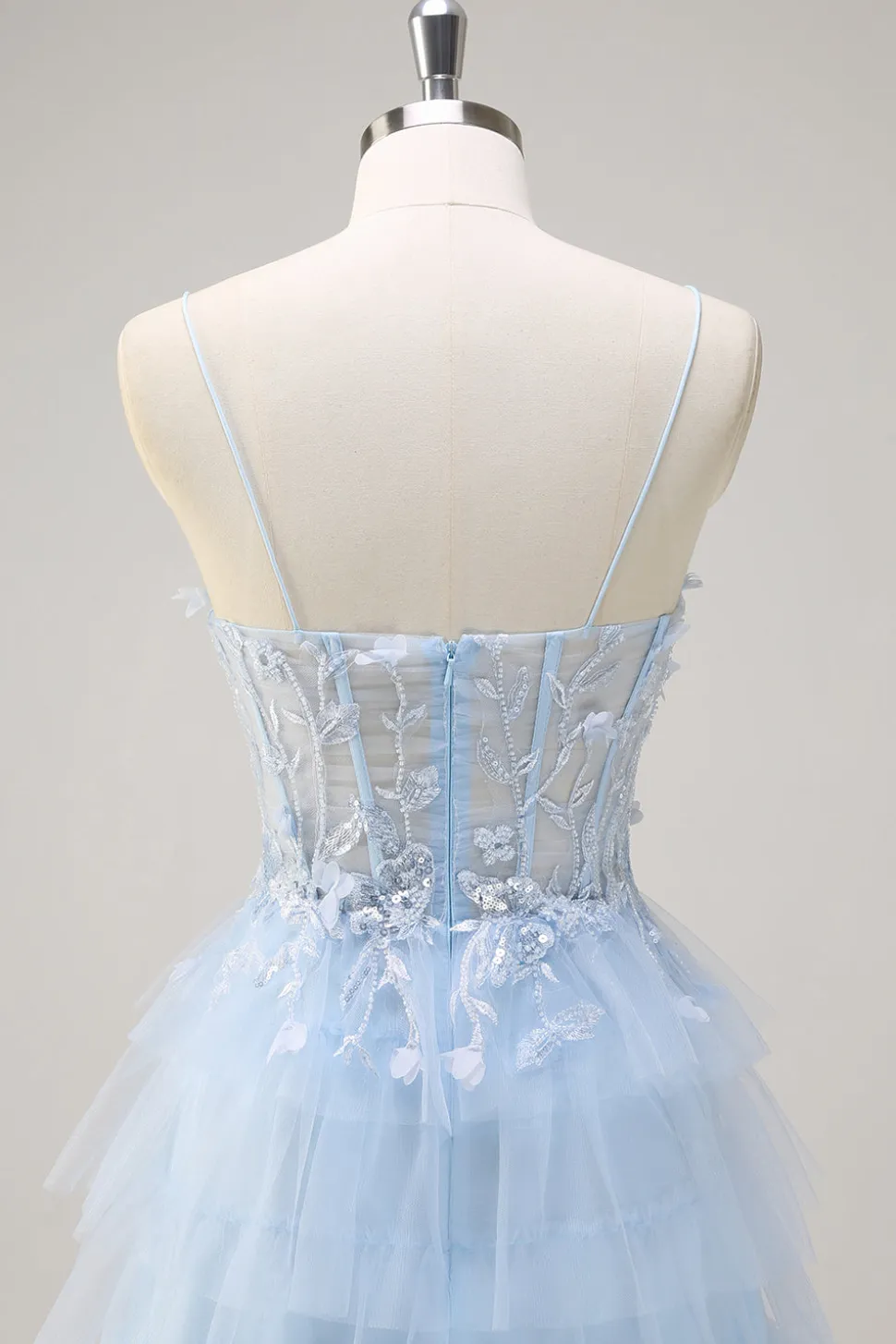 Esparguete Azul Claro Correias A-Line Tulle Tiered Long Corset Prom Dress com Fenda