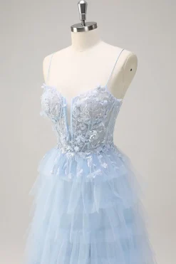 Esparguete Azul Claro Correias A-Line Tulle Tiered Long Corset Prom Dress com Fenda