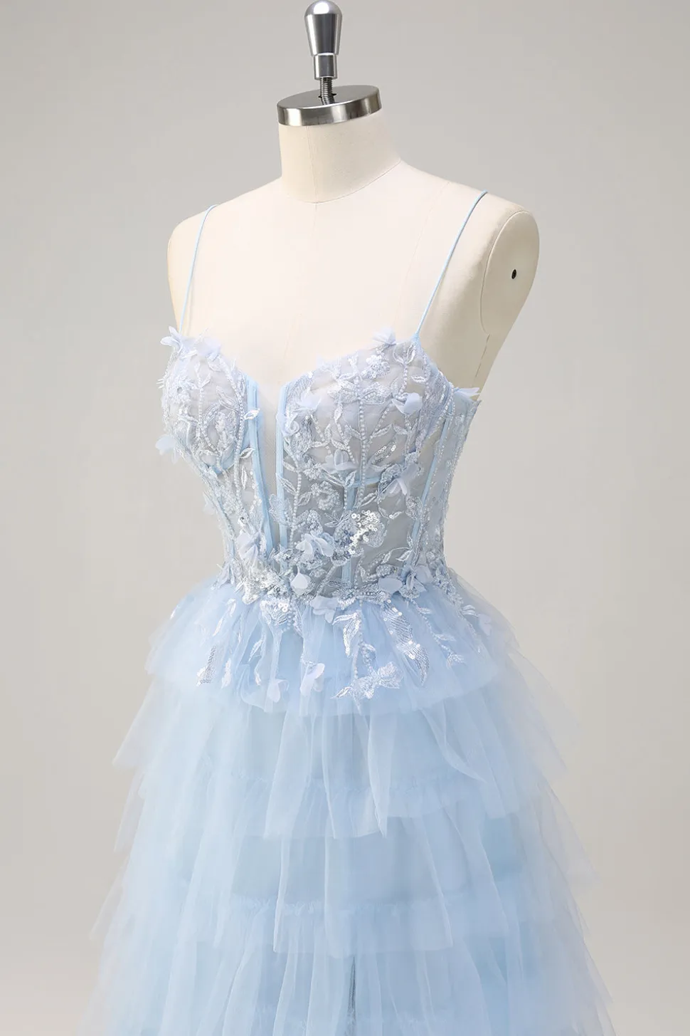 Esparguete Azul Claro Correias A-Line Tulle Tiered Long Corset Prom Dress com Fenda