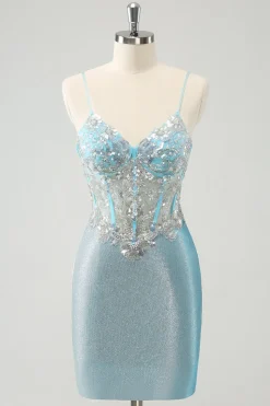 Esparguete azul claro correias apertado espartilho curto homecoming vestido com lantejoulas