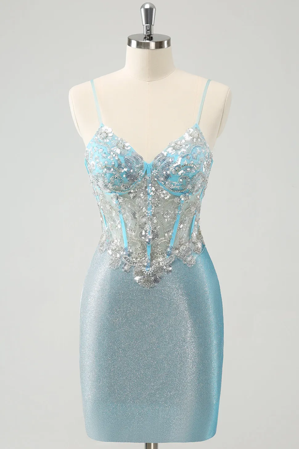 Esparguete azul claro correias apertado espartilho curto homecoming vestido com lantejoulas