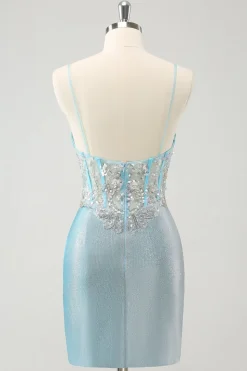 Esparguete azul claro correias apertado espartilho curto homecoming vestido com lantejoulas