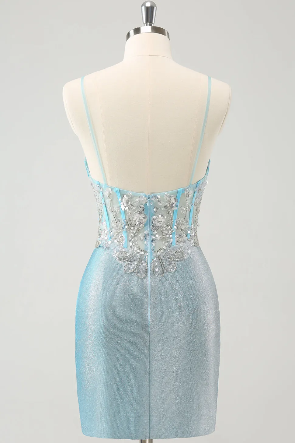 Esparguete azul claro correias apertado espartilho curto homecoming vestido com lantejoulas