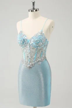 Esparguete azul claro correias apertado espartilho curto homecoming vestido com lantejoulas