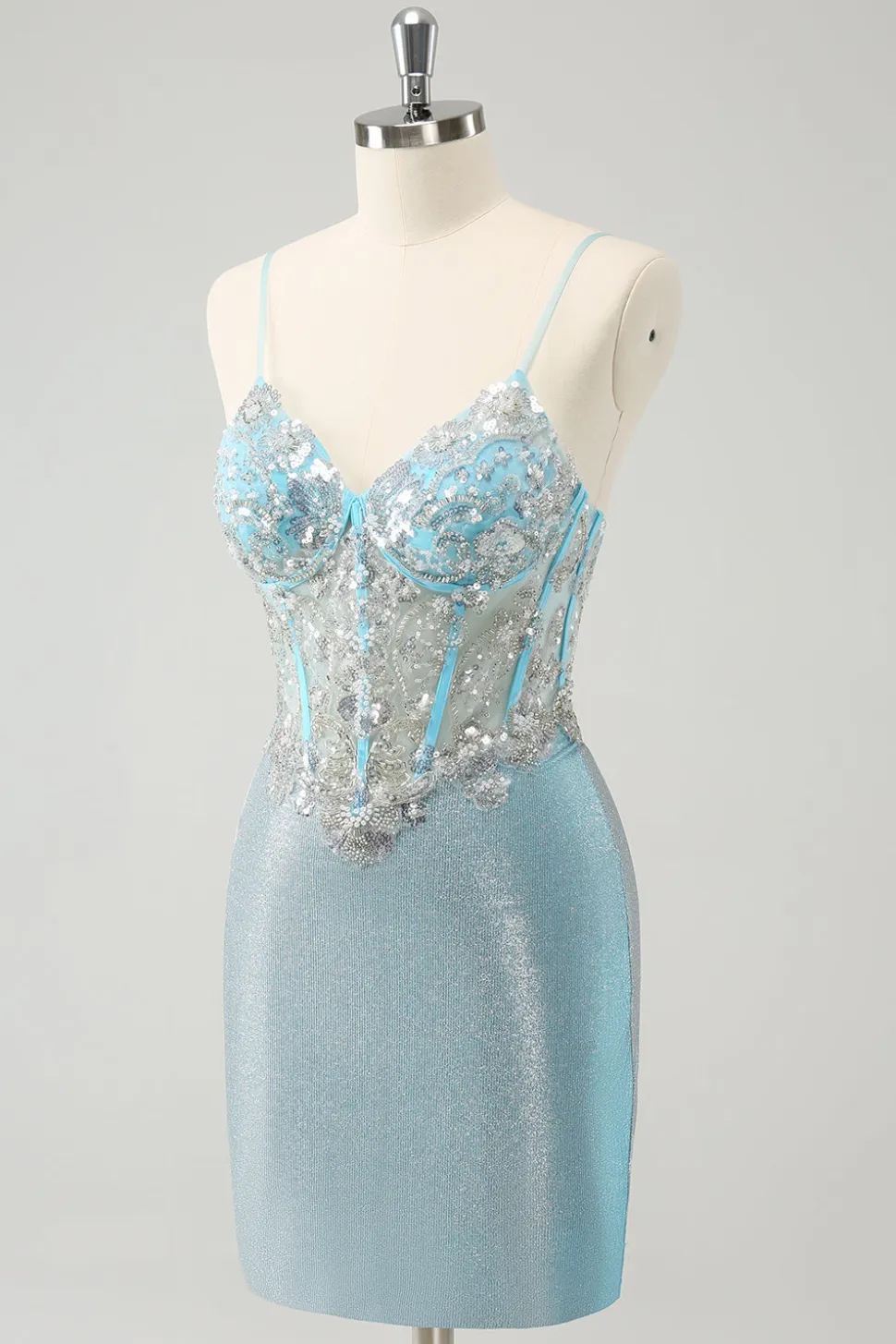 Esparguete azul claro correias apertado espartilho curto homecoming vestido com lantejoulas