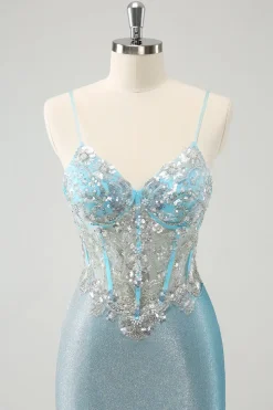 Esparguete azul claro correias apertado espartilho curto homecoming vestido com lantejoulas