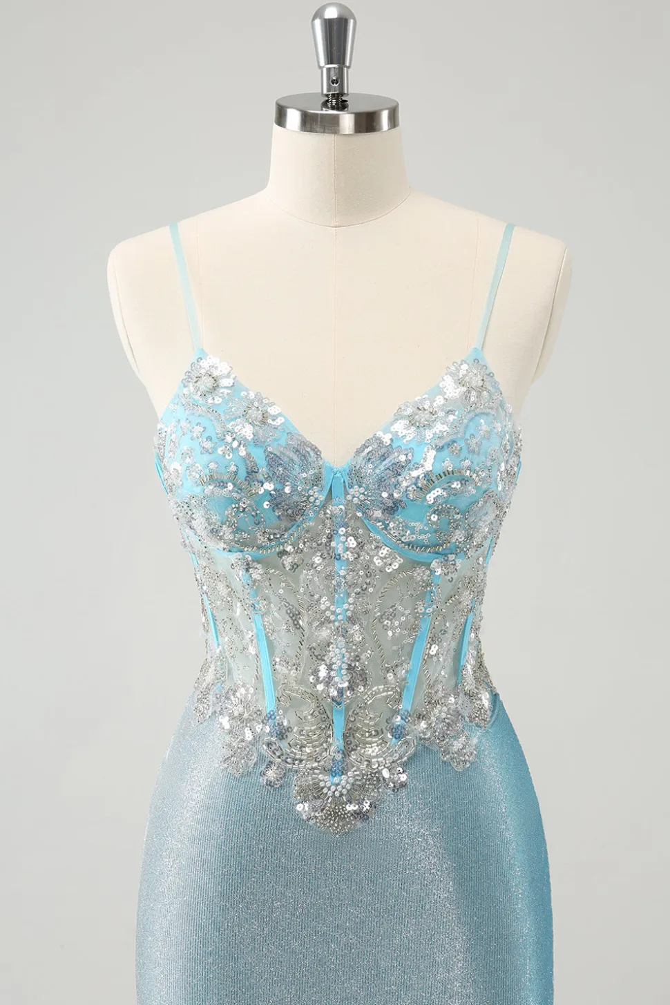 Esparguete azul claro correias apertado espartilho curto homecoming vestido com lantejoulas
