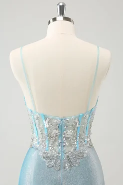 Esparguete azul claro correias apertado espartilho curto homecoming vestido com lantejoulas