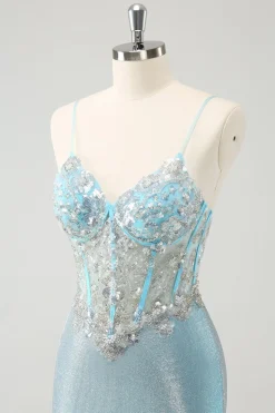 Esparguete azul claro correias apertado espartilho curto homecoming vestido com lantejoulas
