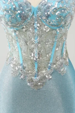 Esparguete azul claro correias apertado espartilho curto homecoming vestido com lantejoulas