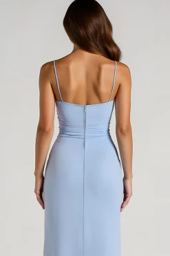 Esparguete azul claro correias bainha Ruched longo vestido de dama de honra