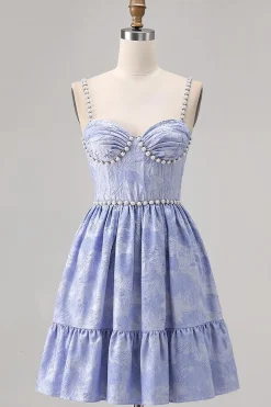 Esparguete Azul Correias Brocade Frisado Uma Linha Homecoming Dress