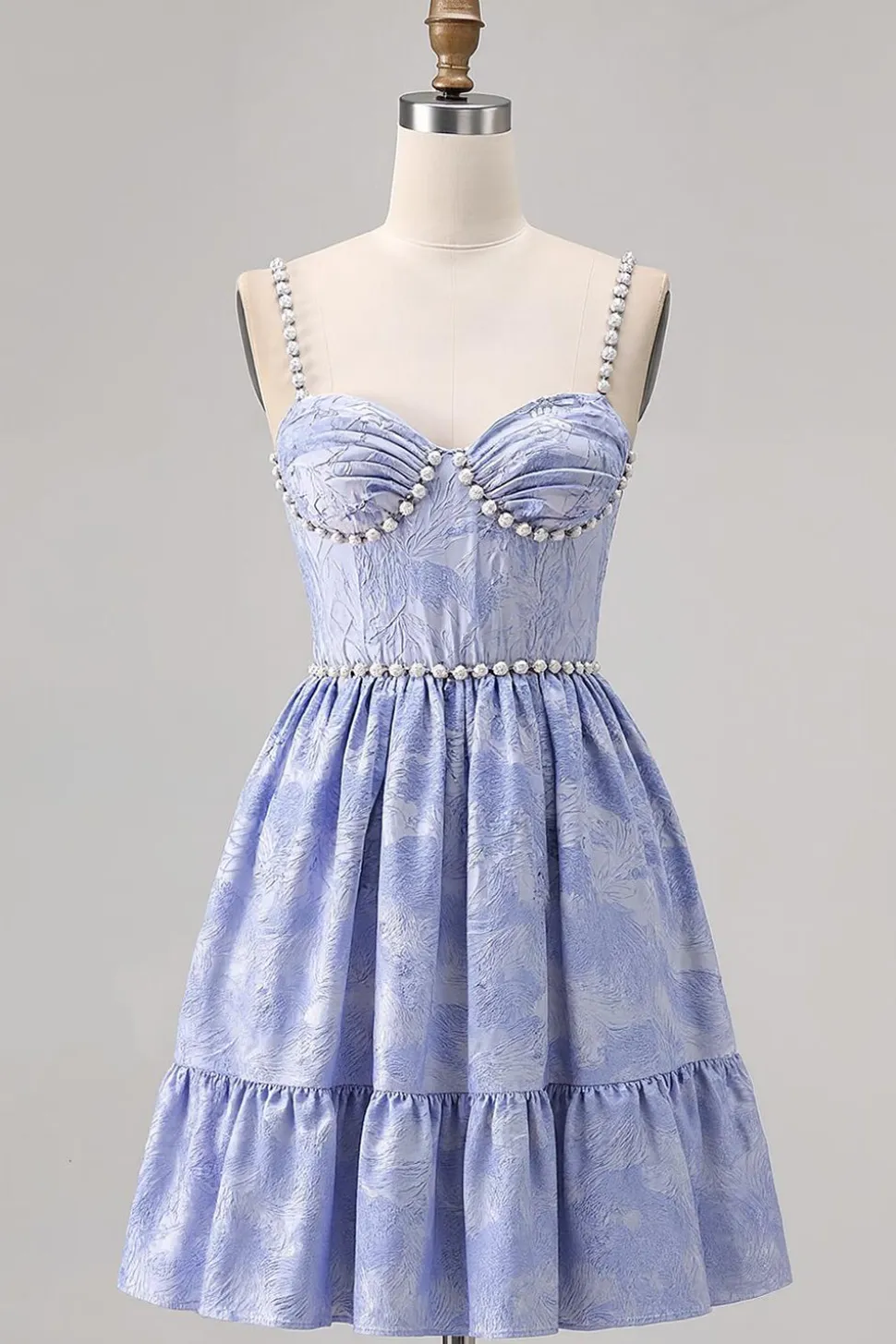Esparguete Azul Correias Brocade Frisado Uma Linha Homecoming Dress