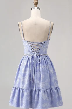 Esparguete Azul Correias Brocade Frisado Uma Linha Homecoming Dress