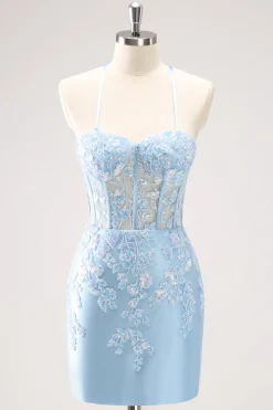 Esparguete Azul Correias Corset Applique Tight Homecoming Dress com Sequins