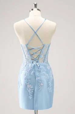 Esparguete Azul Correias Corset Applique Tight Homecoming Dress com Sequins