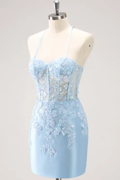 Esparguete Azul Correias Corset Applique Tight Homecoming Dress com Sequins