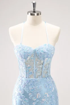 Esparguete Azul Correias Corset Applique Tight Homecoming Dress com Sequins