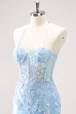 Esparguete Azul Correias Corset Applique Tight Homecoming Dress com Sequins