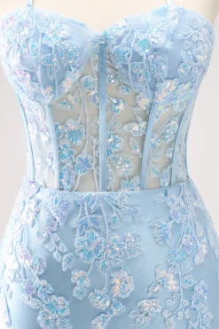 Esparguete Azul Correias Corset Applique Tight Homecoming Dress com Sequins