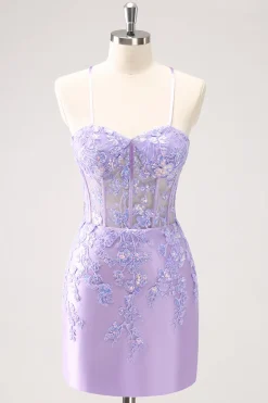 Esparguete Azul Correias Corset Applique Tight Homecoming Dress com Sequins