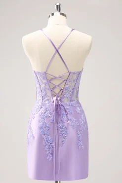 Esparguete Azul Correias Corset Applique Tight Homecoming Dress com Sequins