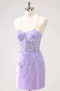 Esparguete Azul Correias Corset Applique Tight Homecoming Dress com Sequins
