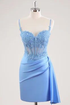 Esparguete Azul Correias Espartilho Floral Apertado Vestido Curto Homecoming