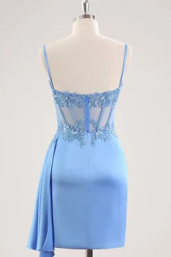 Esparguete Azul Correias Espartilho Floral Apertado Vestido Curto Homecoming