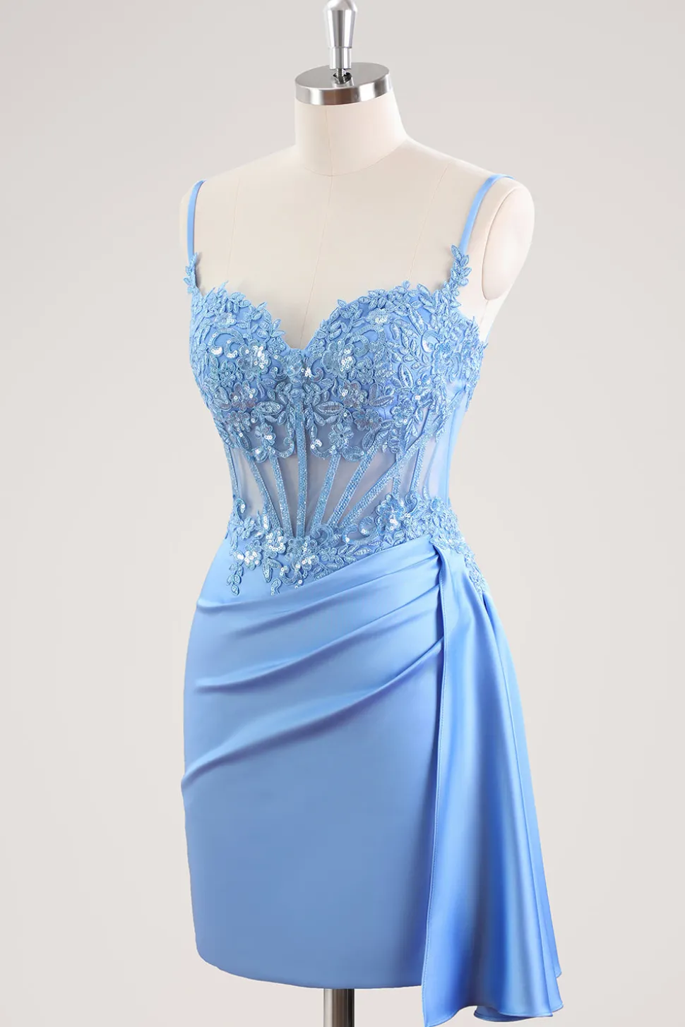 Esparguete Azul Correias Espartilho Floral Apertado Vestido Curto Homecoming