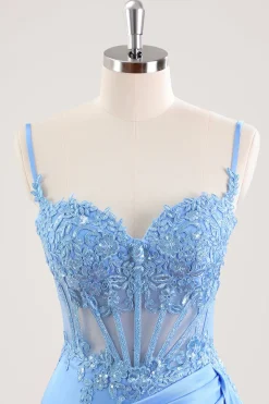Esparguete Azul Correias Espartilho Floral Apertado Vestido Curto Homecoming