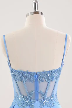 Esparguete Azul Correias Espartilho Floral Apertado Vestido Curto Homecoming