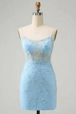 Esparguete Azul Correias Bodycon Homecoming Dress com Renda-Up Back