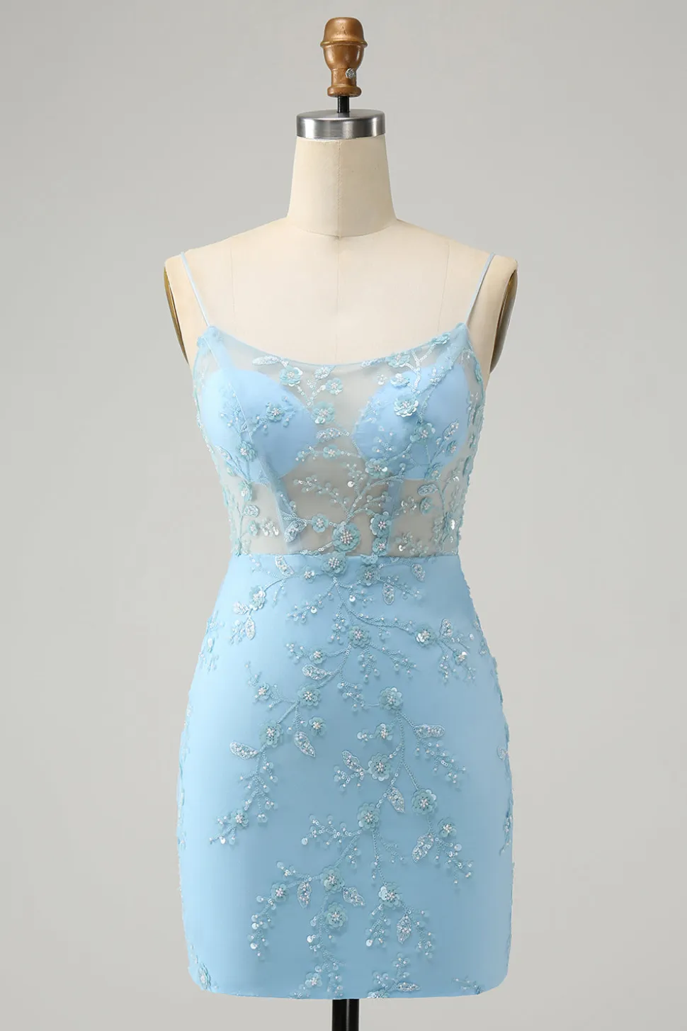 Esparguete Azul Correias Bodycon Homecoming Dress com Renda-Up Back