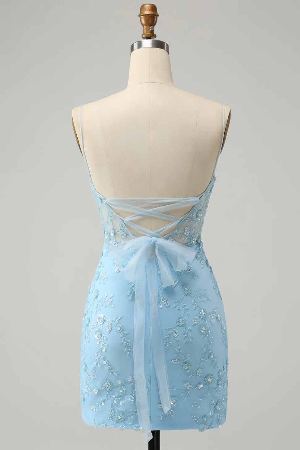 Esparguete Azul Correias Bodycon Homecoming Dress com Renda-Up Back