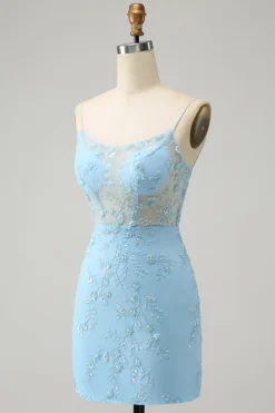 Esparguete Azul Correias Bodycon Homecoming Dress com Renda-Up Back